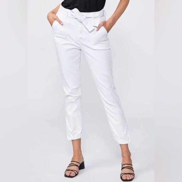 PAIGE Mayslie High Waist Tie Belt Exposed Button Joggers in Crisp White Size 33 - Picture 1 of 12